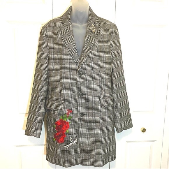 INC International Concepts Jackets & Blazers - INC Glen Plaid Pea Coat Black White Embellished Small Rose Embroidery
